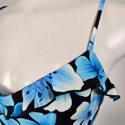Vintage Y2K La Belle Blue Floral Midi Spaghetti Strap Ruffle Dress Size M