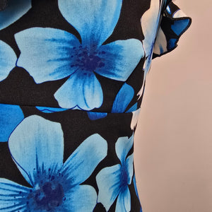 Vintage Y2K La Belle Blue Floral Midi Spaghetti Strap Ruffle Dress Size M