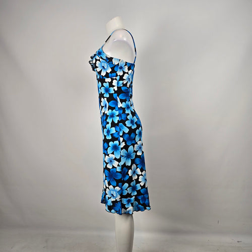 Vintage Y2K La Belle Blue Floral Midi Spaghetti Strap Ruffle Dress Size M