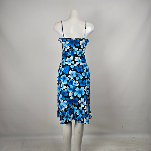 Vintage Y2K La Belle Blue Floral Midi Spaghetti Strap Ruffle Dress Size M