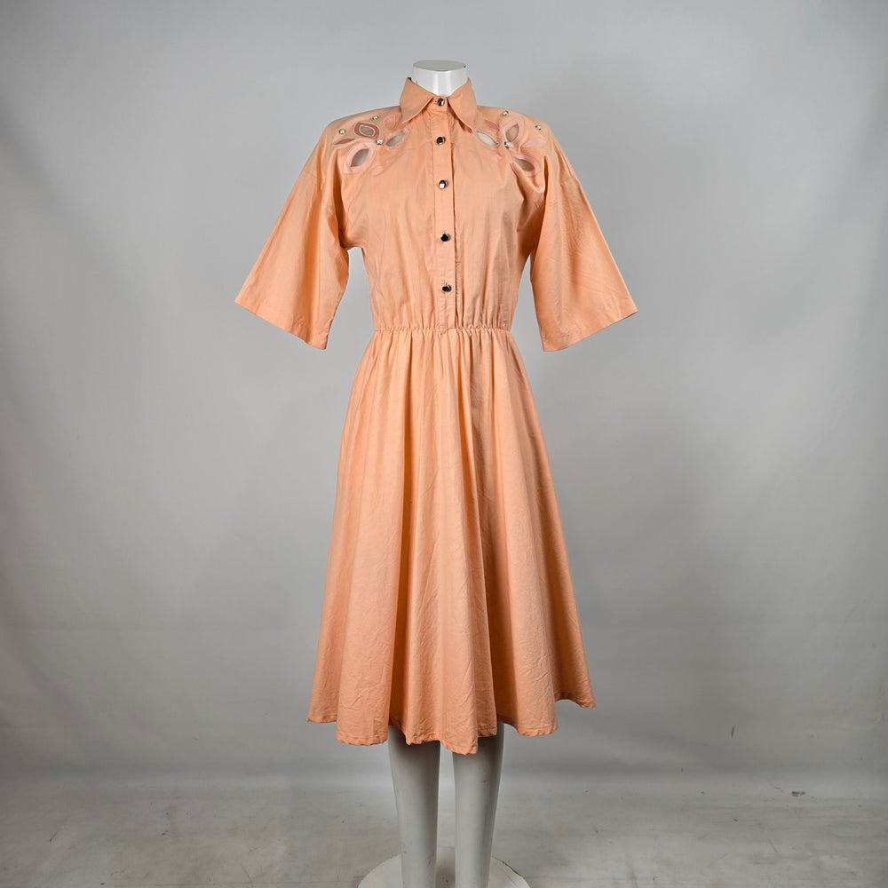 Vintage Lilia Smitty Exclusive Peach Midi Shirt Dress Floral Cutout Accent Size S/M