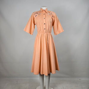 Vintage Lilia Smitty Exclusive Peach Midi Shirt Dress Floral Cutout Accent Size S/M