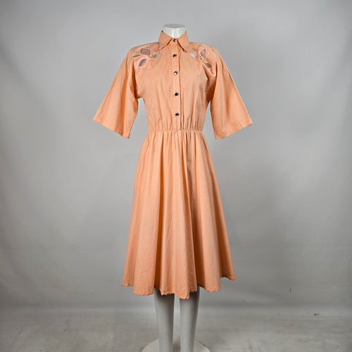 Vintage Lilia Smitty Exclusive Peach Midi Shirt Dress Floral Cutout Accent Size S/M
