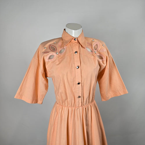 Vintage Lilia Smitty Exclusive Peach Midi Shirt Dress Floral Cutout Accent Size S/M