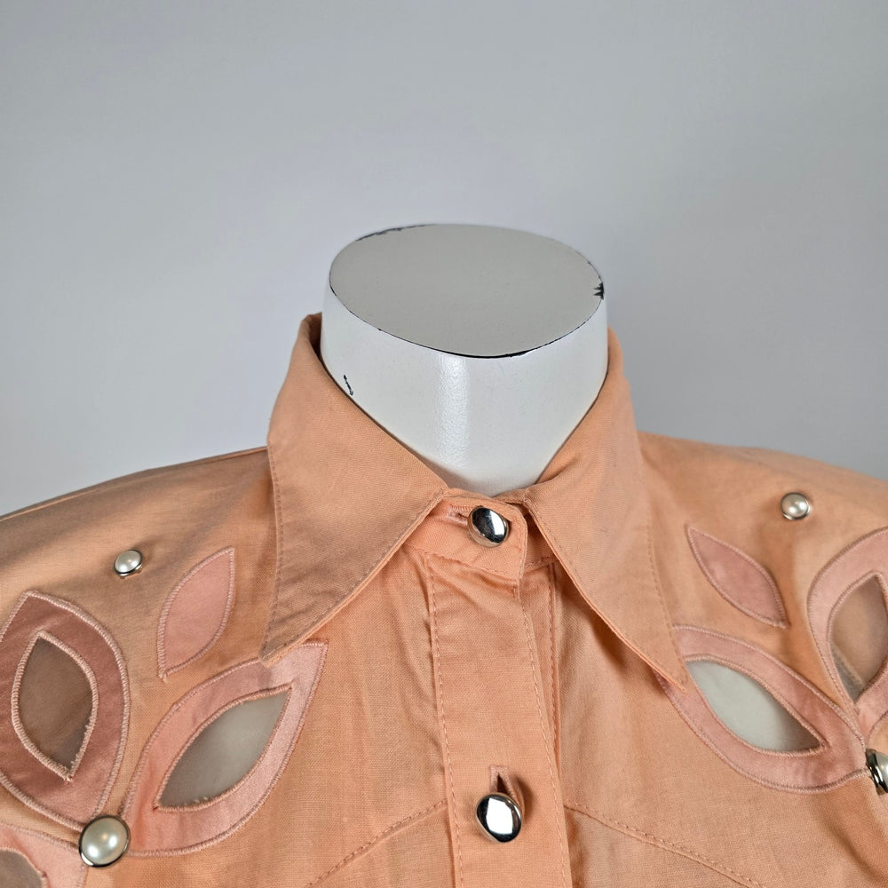 Vintage Lilia Smitty Exclusive Peach Midi Shirt Dress Floral Cutout Accent Size S/M