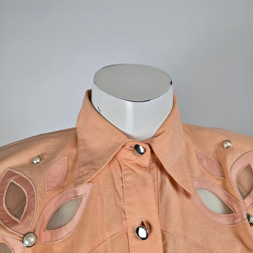 Vintage Lilia Smitty Exclusive Peach Midi Shirt Dress Floral Cutout Accent Size S/M