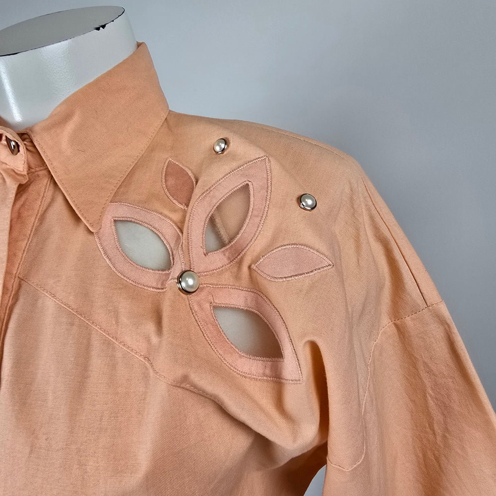Vintage Lilia Smitty Exclusive Peach Midi Shirt Dress Floral Cutout Accent Size S/M