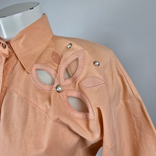 Vintage Lilia Smitty Exclusive Peach Midi Shirt Dress Floral Cutout Accent Size S/M