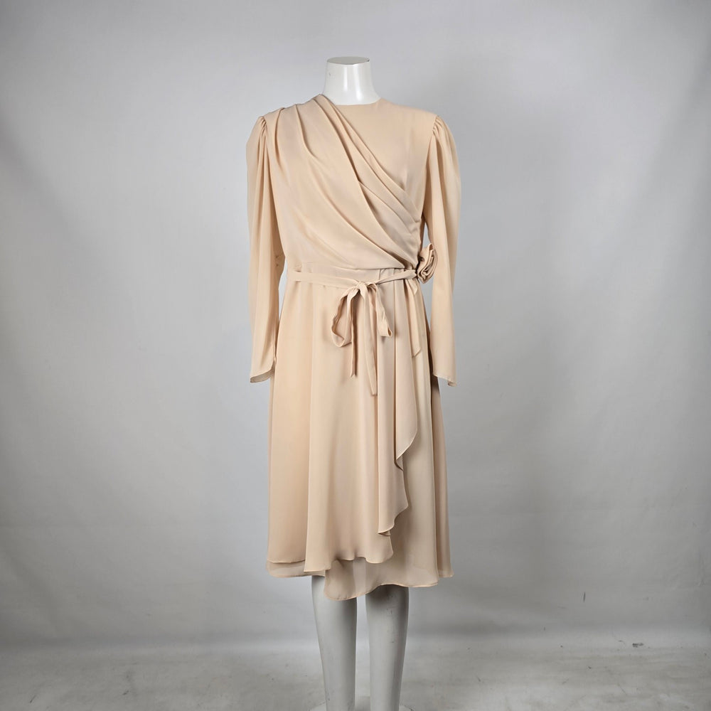 Jeri Originals Champagne Draped Midi Long Sleeve Cocktail Formal Dress Size S/M