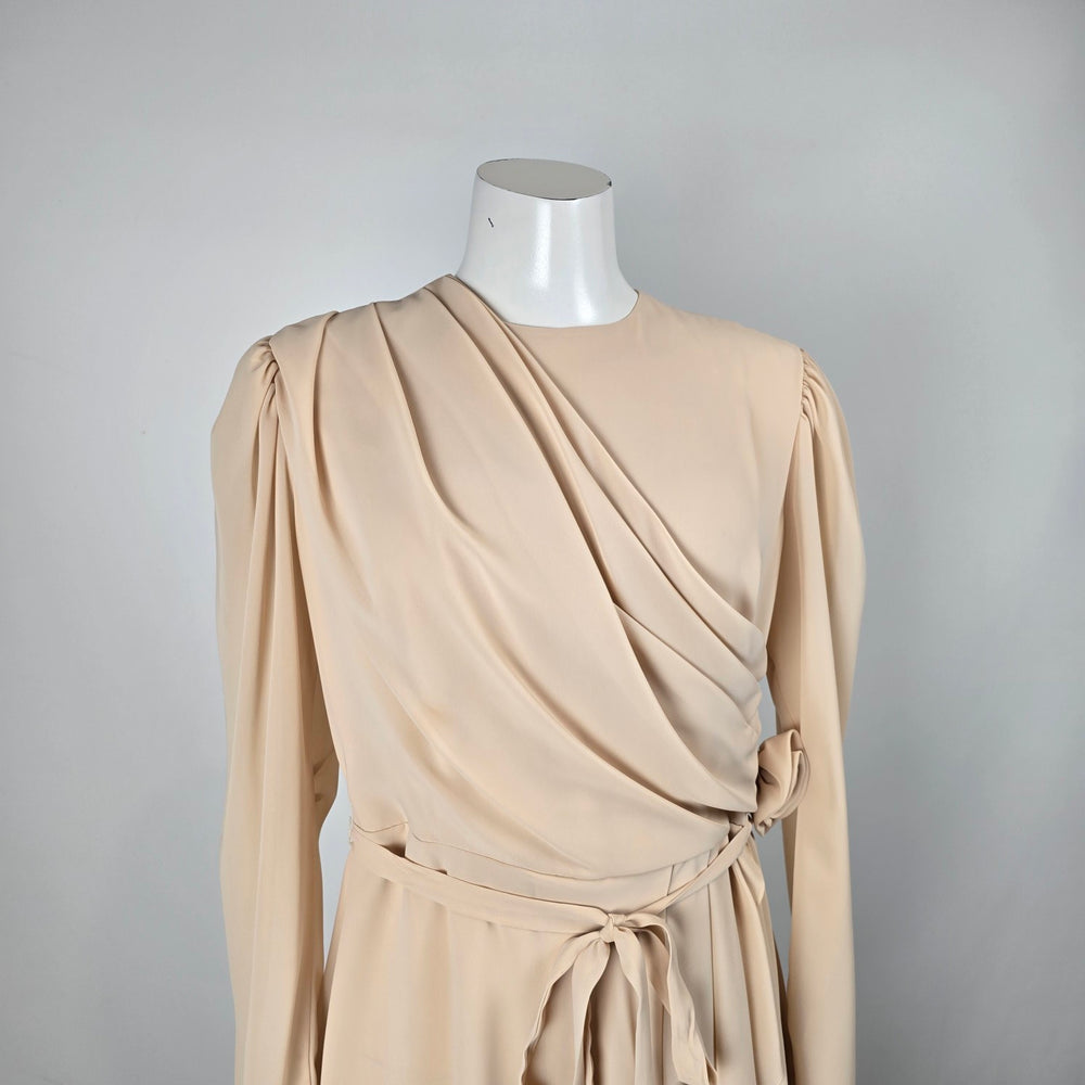 Jeri Originals Champagne Draped Midi Long Sleeve Cocktail Formal Dress Size S/M
