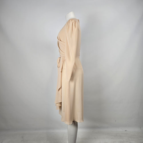 Jeri Originals Champagne Draped Midi Long Sleeve Cocktail Formal Dress Size S/M