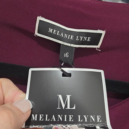 Melanie Lyne Plum Faux Wrap Sheath Dress 3/4 Sleeve with Gold Ring Accent Size 16