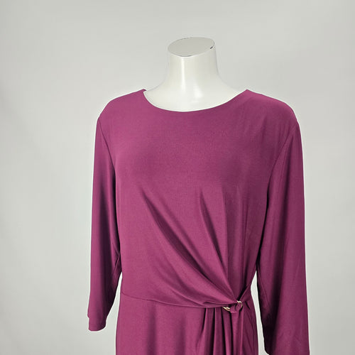 Melanie Lyne Plum Faux Wrap Sheath Dress 3/4 Sleeve with Gold Ring Accent Size 16
