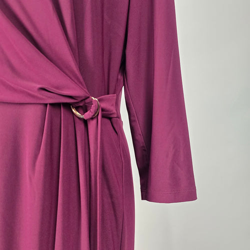 Melanie Lyne Plum Faux Wrap Sheath Dress 3/4 Sleeve with Gold Ring Accent Size 16