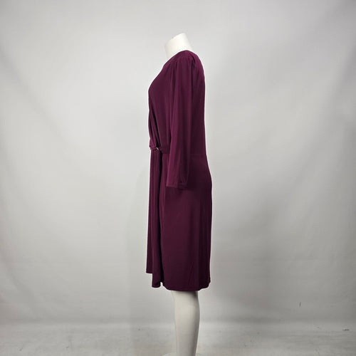 Melanie Lyne Plum Faux Wrap Sheath Dress 3/4 Sleeve with Gold Ring Accent Size 16