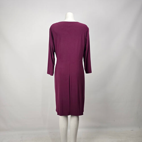Melanie Lyne Plum Faux Wrap Sheath Dress 3/4 Sleeve with Gold Ring Accent Size 16
