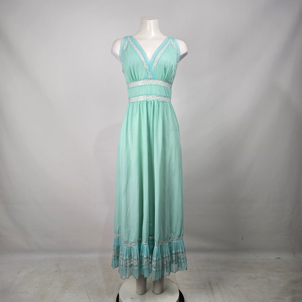 Vintage Silkmit Limited Mint Green Lace Trim Slip Maxi Sleeveless Dress Size 4