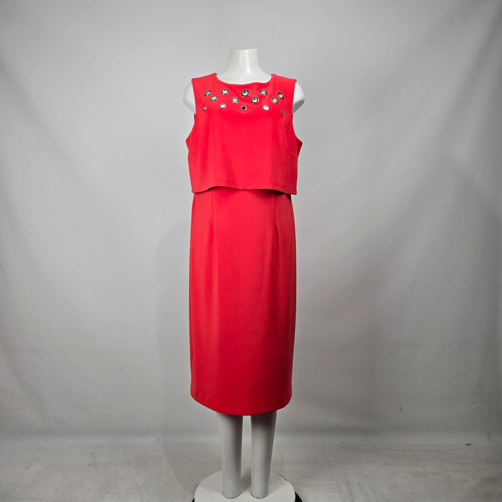 Joseph Ribkoff Red Layered Sheath Dress Metallic Grommet Accent Size 16