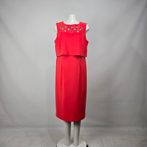 Joseph Ribkoff Red Layered Sheath Dress Metallic Grommet Accent Size 16