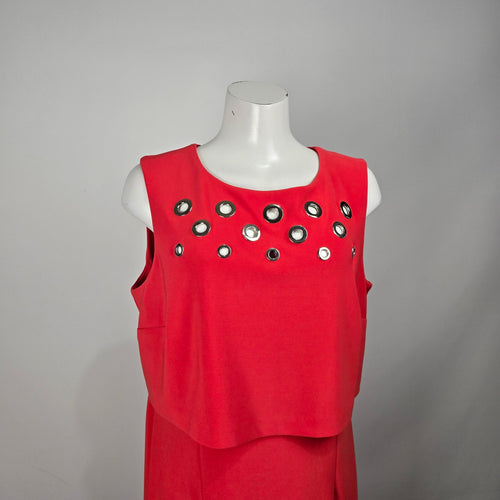 Joseph Ribkoff Red Layered Sheath Dress Metallic Grommet Accent Size 16