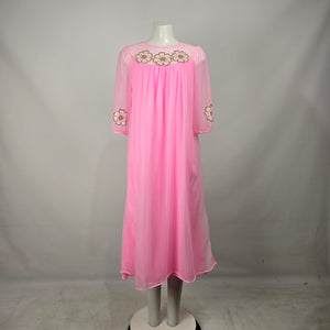 Vintage Neon Pink Sheer Chiffon Floral Appliqué Lounge House Dress Size M