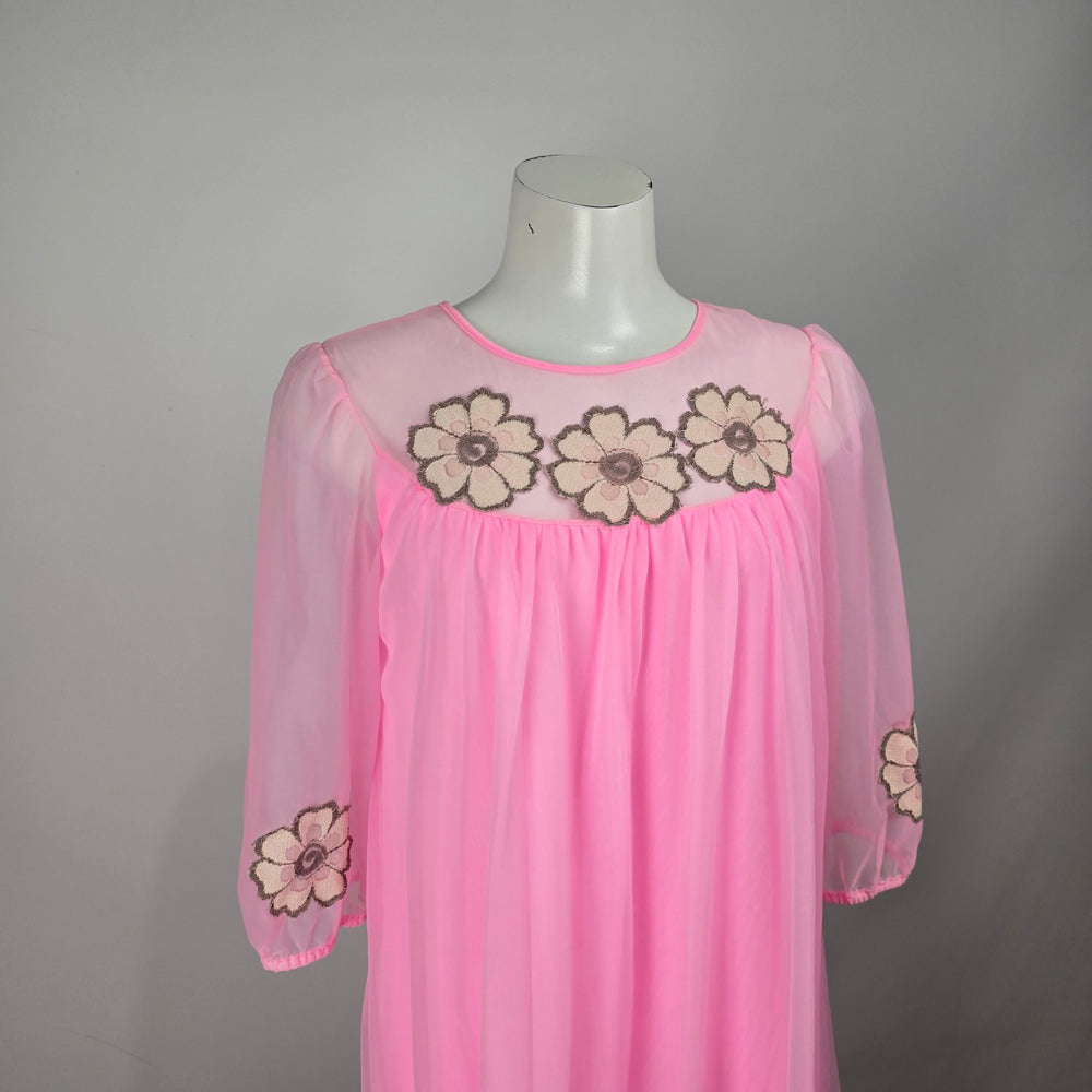 Vintage Neon Pink Sheer Chiffon Floral Appliqué Lounge House Dress Size M