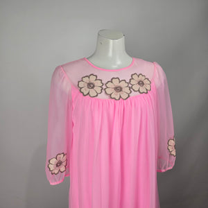 Vintage Neon Pink Sheer Chiffon Floral Appliqué Lounge House Dress Size M