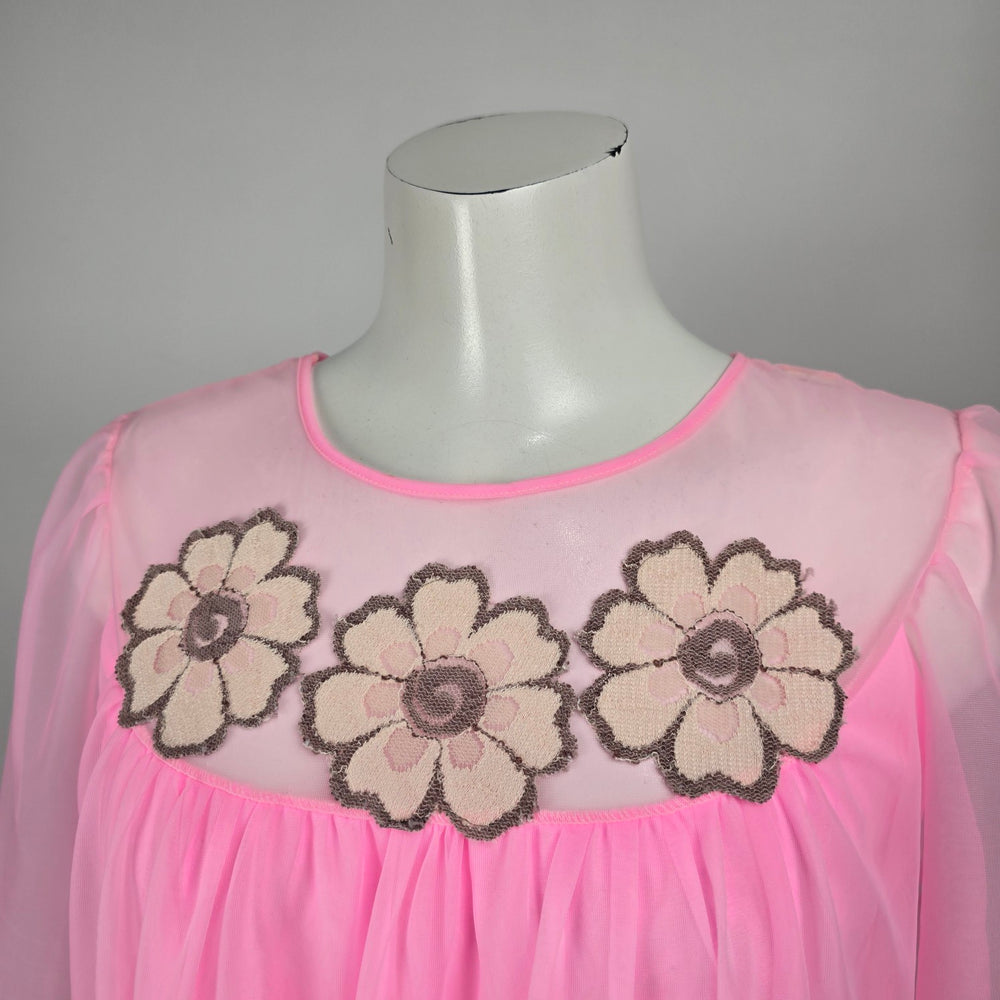 Vintage Neon Pink Sheer Chiffon Floral Appliqué Lounge House Dress Size M