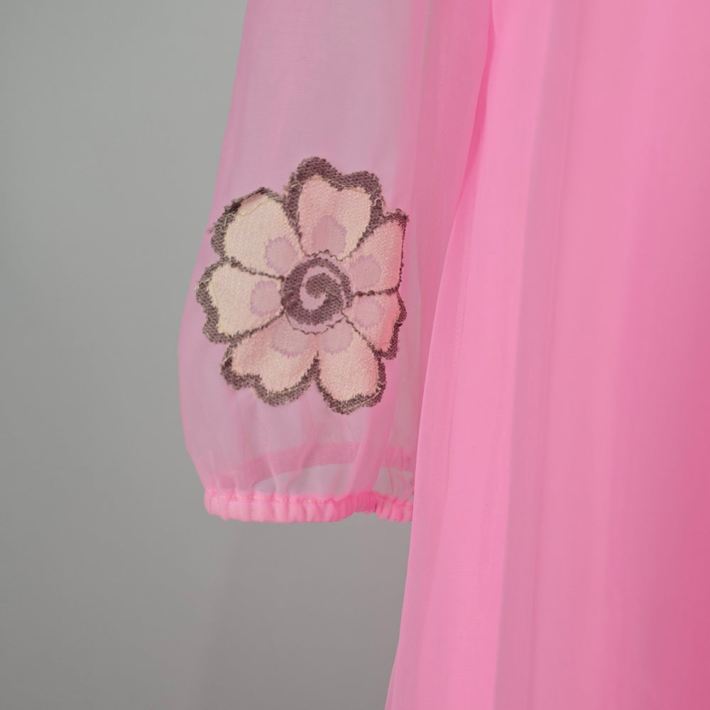 Vintage Neon Pink Sheer Chiffon Floral Appliqué Lounge House Dress Size M