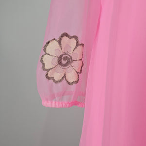 Vintage Neon Pink Sheer Chiffon Floral Appliqué Lounge House Dress Size M