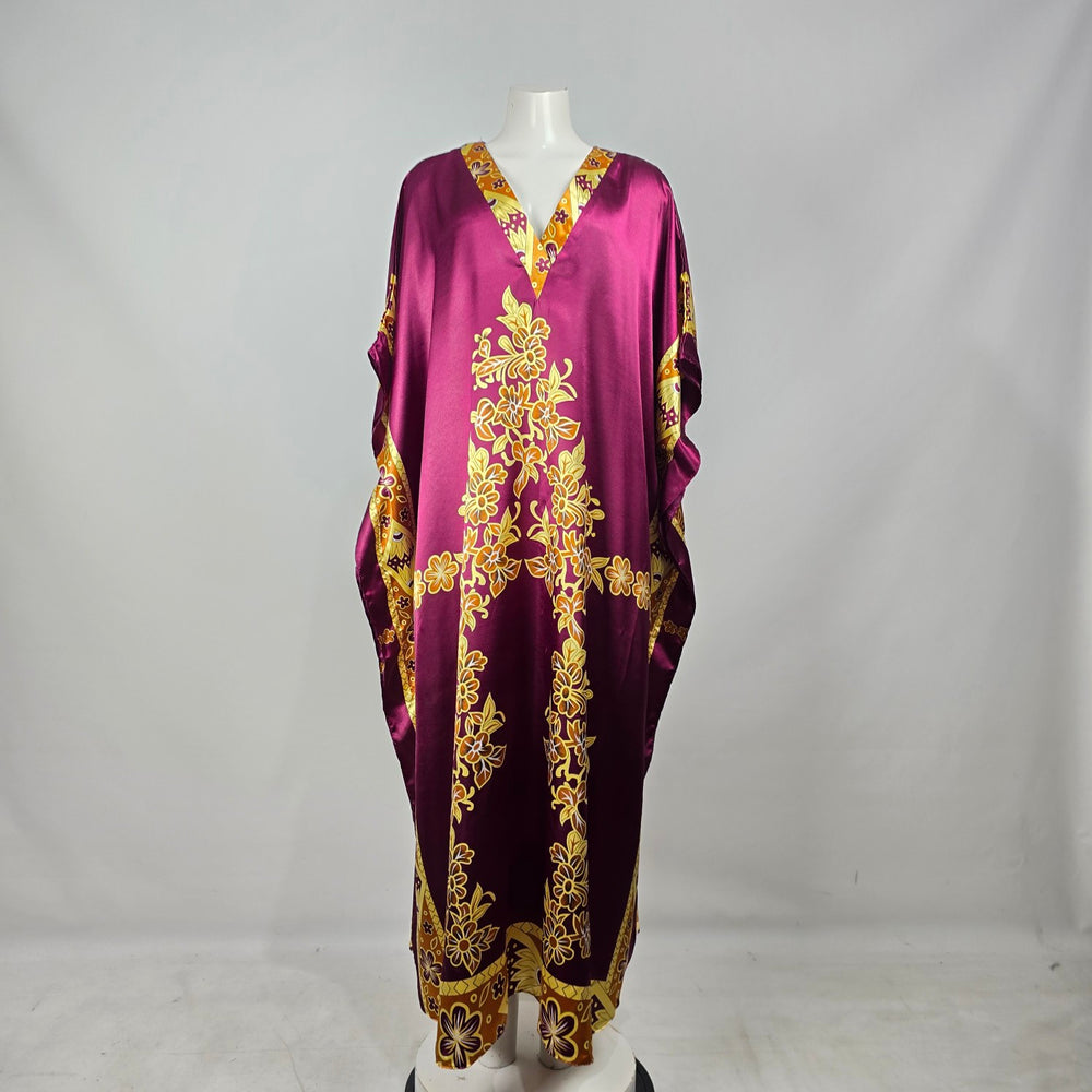 Vintage Winlar Purple Satin Floral Caftan Lounge Dress Boho Maxi One Size