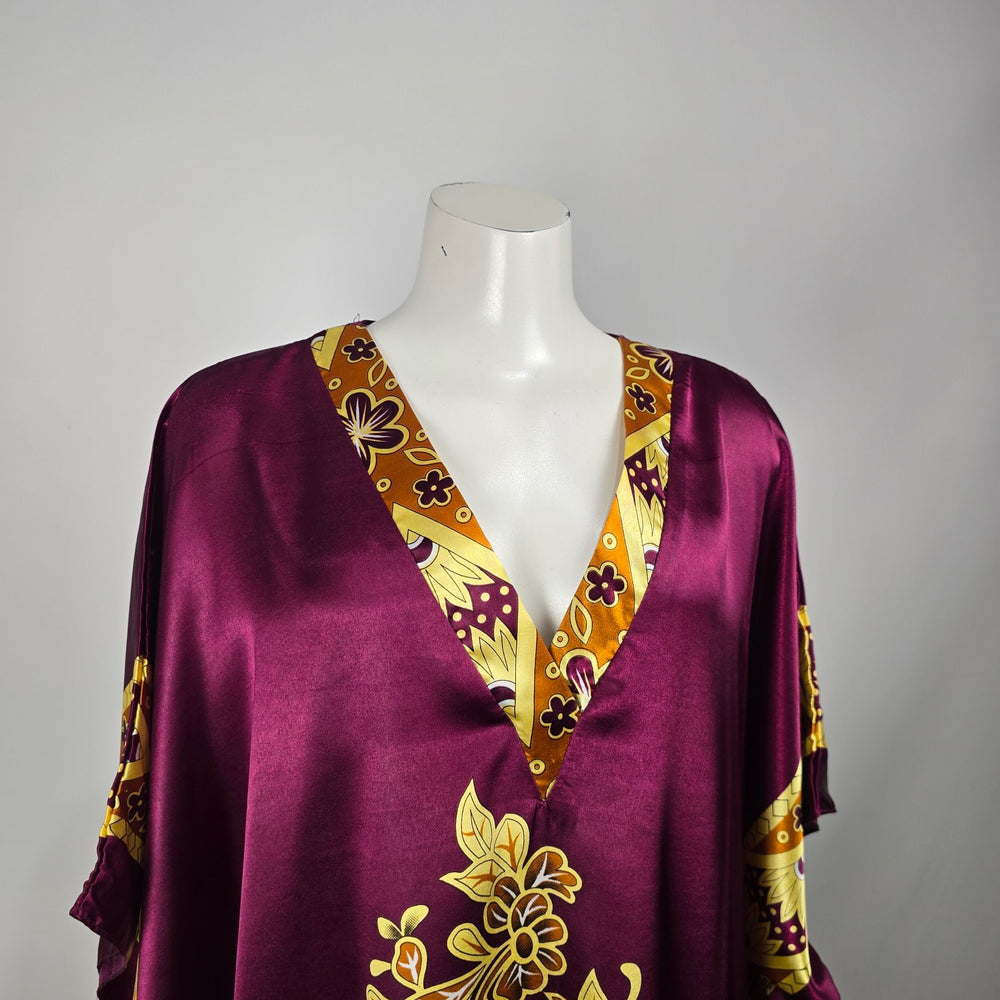 Vintage Winlar Purple Satin Floral Caftan Lounge Dress Boho Maxi One Size