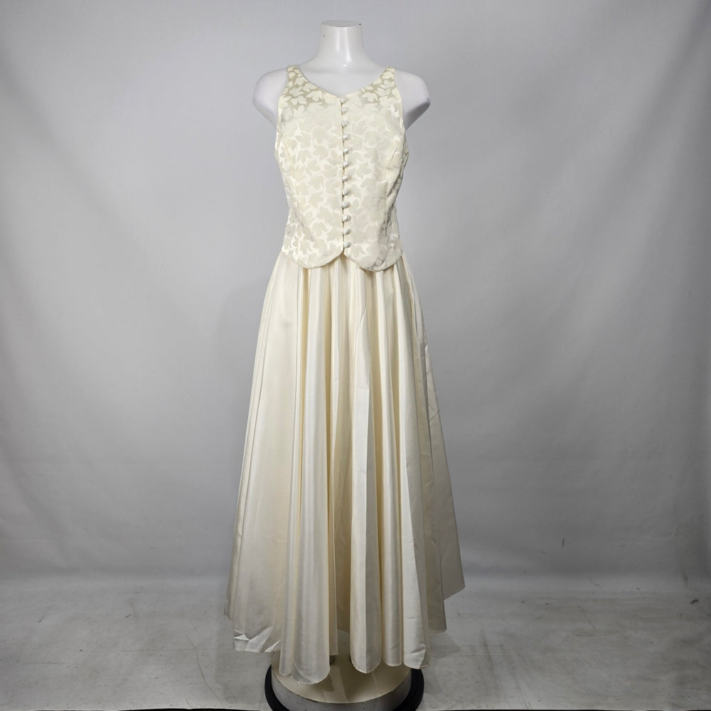 Vintage Ivory Two-Piece Formal Wedding Dress & Skirt Set Floral Jacquard Satin Maxi Size S