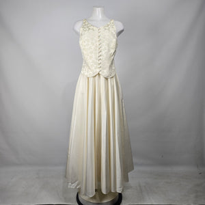 Vintage Ivory Two-Piece Formal Wedding Dress & Skirt Set Floral Jacquard Satin Maxi Size S