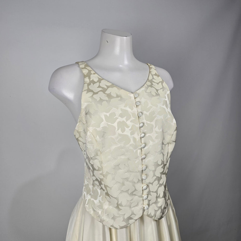 Vintage Ivory Two-Piece Formal Wedding Dress & Skirt Set Floral Jacquard Satin Maxi Size S