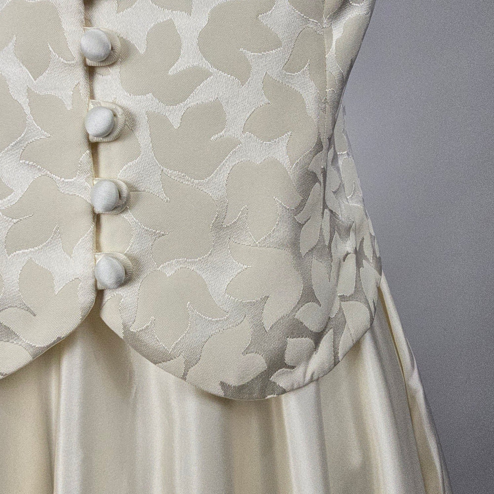 Vintage Ivory Two-Piece Formal Wedding Dress & Skirt Set Floral Jacquard Satin Maxi Size S