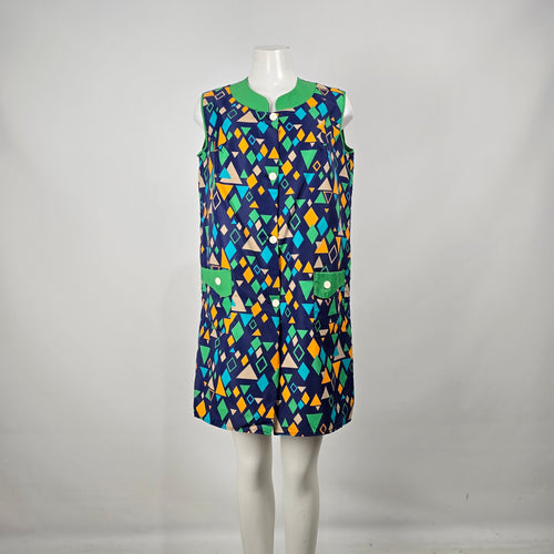 Vintage Sofinyl Geometric Print Button Front House Dress Sleeveless Size 14