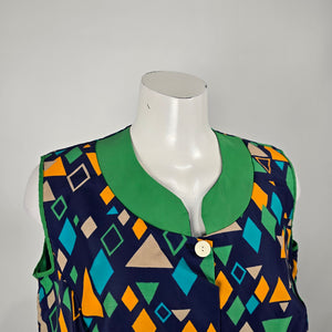 Vintage Sofinyl Geometric Print Button Front House Dress Sleeveless Size 14