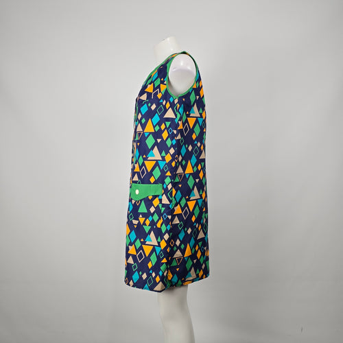 Vintage Sofinyl Geometric Print Button Front House Dress Sleeveless Size 14