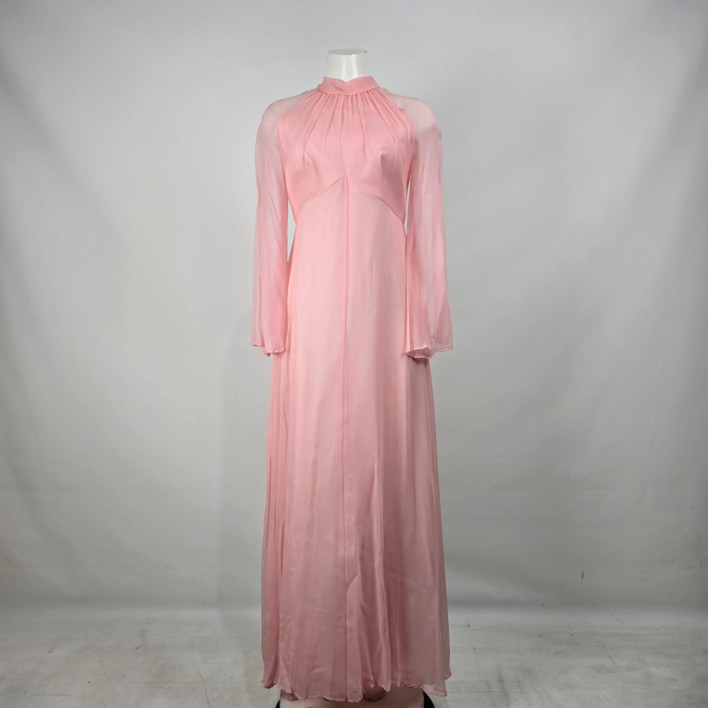 Vintage Pink Sheer Chiffon Maxi Dress Long Sleeve High Neck Empire Waist Size S