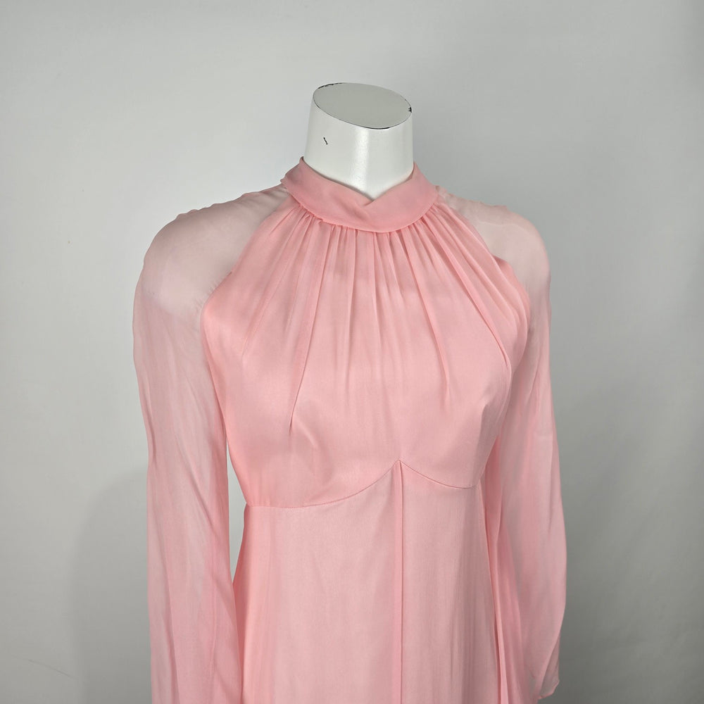 Vintage Pink Sheer Chiffon Maxi Dress Long Sleeve High Neck Empire Waist Size S