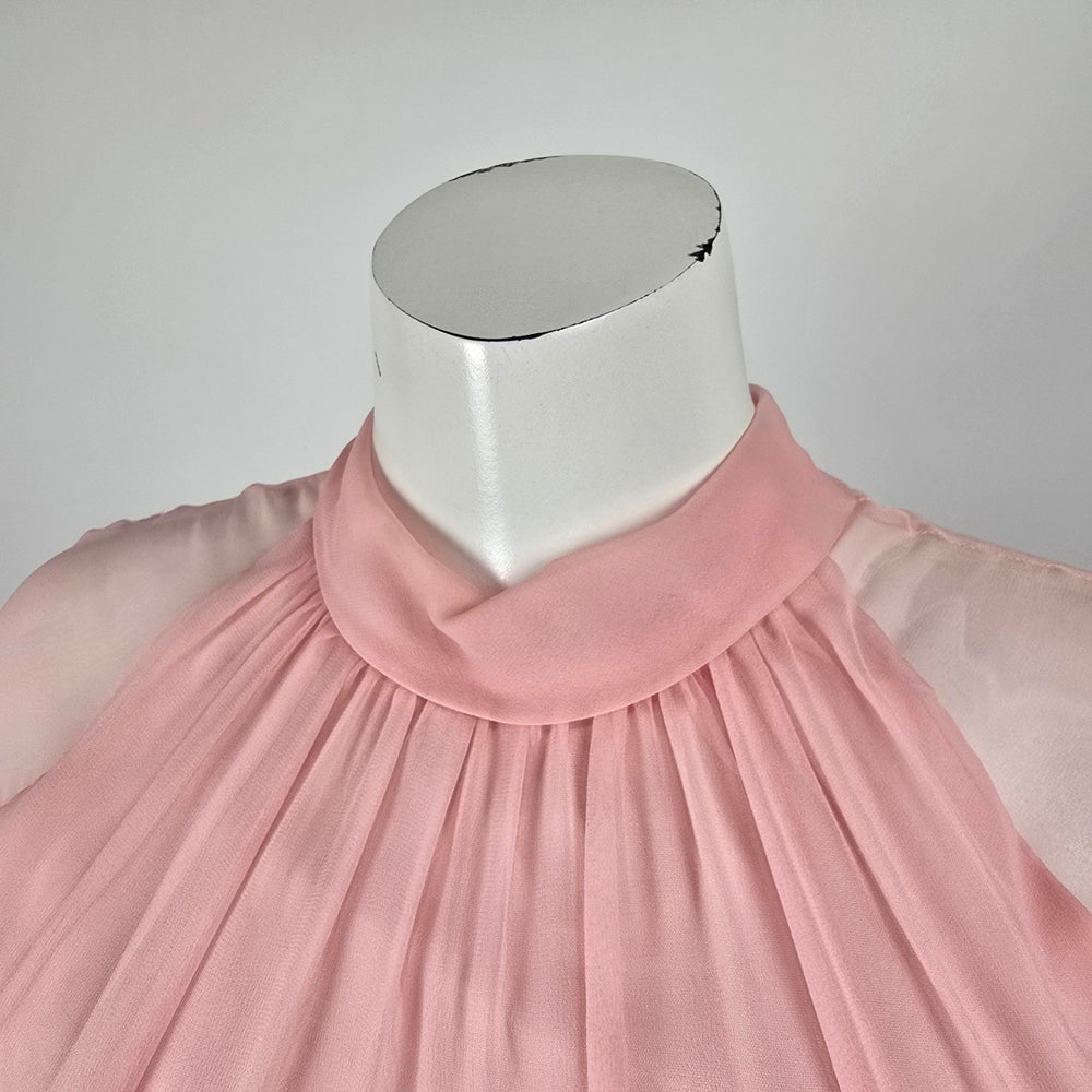 Vintage Pink Sheer Chiffon Maxi Dress Long Sleeve High Neck Empire Waist Size S