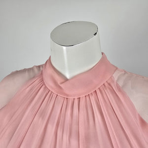 Vintage Pink Sheer Chiffon Maxi Dress Long Sleeve High Neck Empire Waist Size S