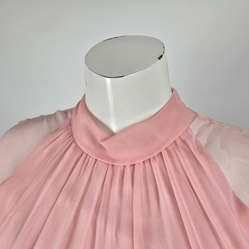 Vintage Pink Sheer Chiffon Maxi Dress Long Sleeve High Neck Empire Waist Size S