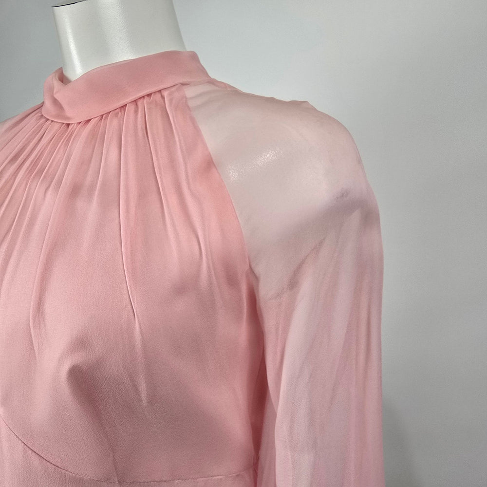 Vintage Pink Sheer Chiffon Maxi Dress Long Sleeve High Neck Empire Waist Size S