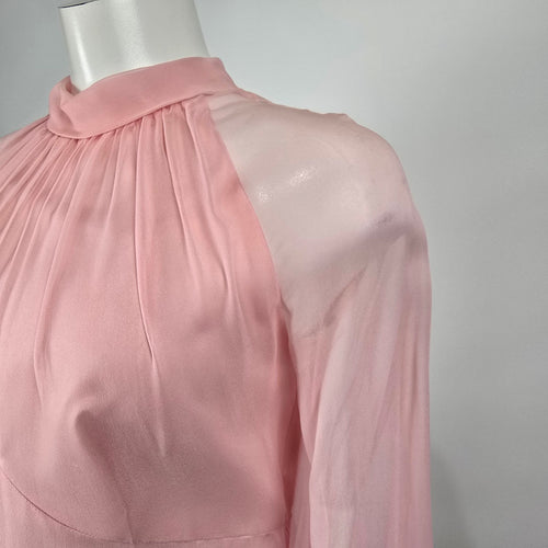Vintage Pink Sheer Chiffon Maxi Dress Long Sleeve High Neck Empire Waist Size S