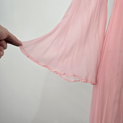 Vintage Pink Sheer Chiffon Maxi Dress Long Sleeve High Neck Empire Waist Size S