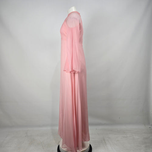 Vintage Pink Sheer Chiffon Maxi Dress Long Sleeve High Neck Empire Waist Size S