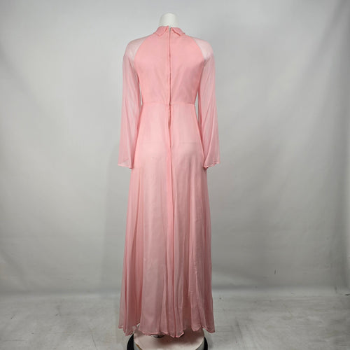 Vintage Pink Sheer Chiffon Maxi Dress Long Sleeve High Neck Empire Waist Size S