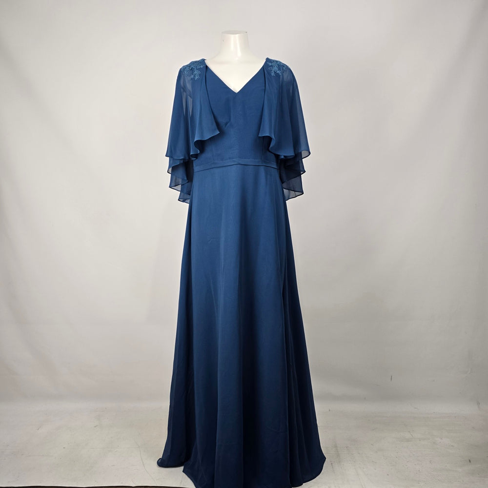 JJ's House Dusty Blue Chiffon Cape Sleeve Formal Gown Size US 14